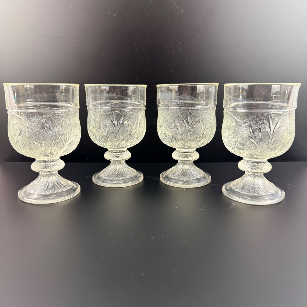 VTG‎ Indiana Glass Pebble Leaf Clear Water Goblets Glasses Set of 4 MCM 5.75"